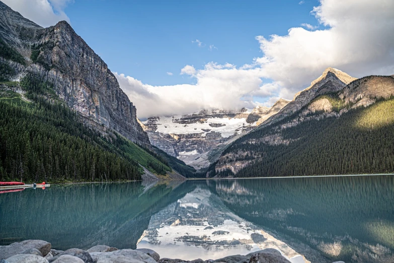 a large body of water surrounded by mountains, a picture, by Raymond Normand, banff national park, usa-sep 20, beautiful morning, glacier landscape