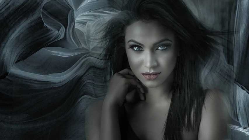 a woman with long black hair posing for a picture, by Eugeniusz Zak, pixabay contest winner, digital art, beautiful and realistic faces, wispy darkness, photo of a black woman, with a seductive smile