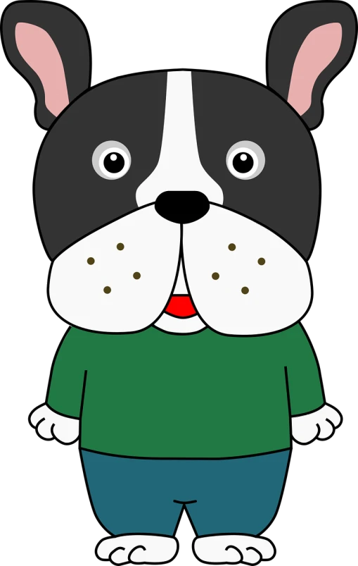 a black and white dog wearing a green shirt, a digital rendering, pixabay, sōsaku hanga, big heads, half man half bear half pig, with a black background, full color illustration
