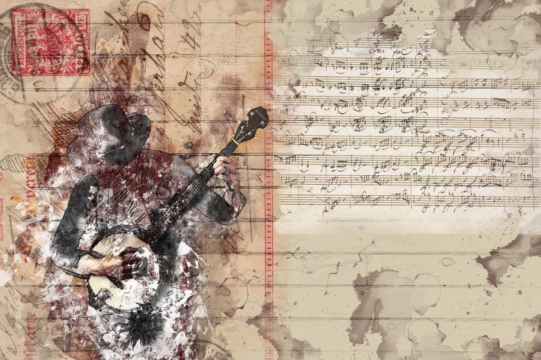 a painting of a man playing a guitar, inspired by Girolamo Muziano, shutterstock, conceptual art, old weathered paper, mixed media style illustration, with notes, photoreal epic composition