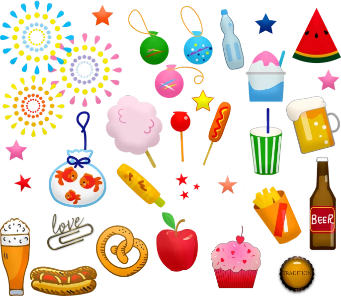 a bunch of food and drinks on a black background, vector art, by Nishida Shun'ei, pop art, [ fireworks in the sky ]!!, game icon asset, toy package, picnic