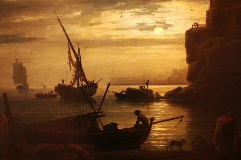 a painting of people on a boat in a body of water, by Samuel Colman, flickr, romanticism, peaceful evening harbor, detail on scene, c. r. stecyk iii, rocky coast