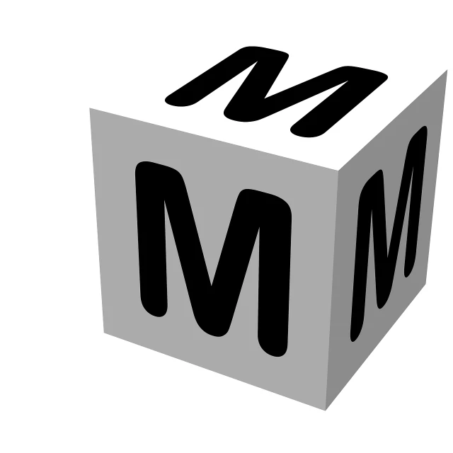 a black and white block with the letter m on it, a raytraced image, by Milton Menasco, deviantart, menger sponge, marketing, floating, manufacturing