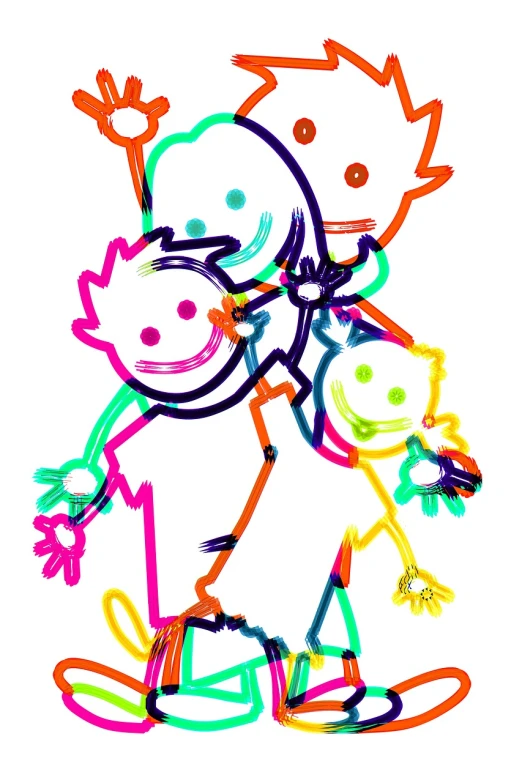 a drawing of a boy and a girl on a skateboard, a digital rendering, inspired by Peter Max, conceptual art, michelin man family portrait, ((neon colors)), calvin and hobbes, groups of happy humans