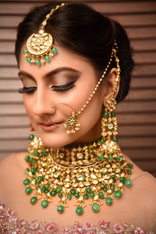 a close up of a woman wearing a necklace and earrings, a picture, inspired by Saurabh Jethani, renaissance, green colored theme, professional makeup, profile pic, gold encrustations