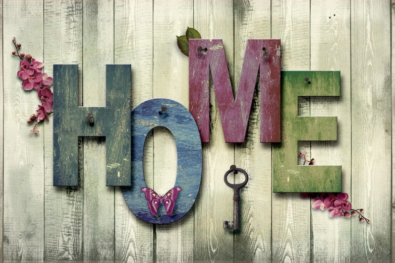 a wooden sign with the word home written on it, a digital rendering, by Kurt Roesch, shutterstock, graffiti, vintage colours, keys, clematis theme banner, colorful”