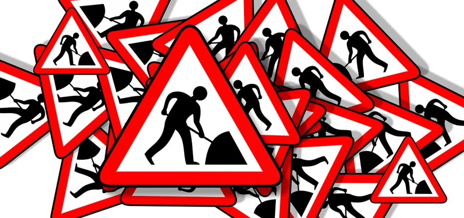 a pile of red and white road signs sitting on top of each other, pixabay, constructivism, people at work, digging, screenshots, mark miner