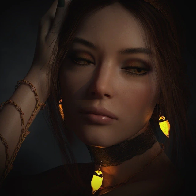 a close up of a woman with a chain around her neck, a 3D render, inspired by WLOP, yellow lanterns, sultry expression, glowing lamps, thoughtful pose