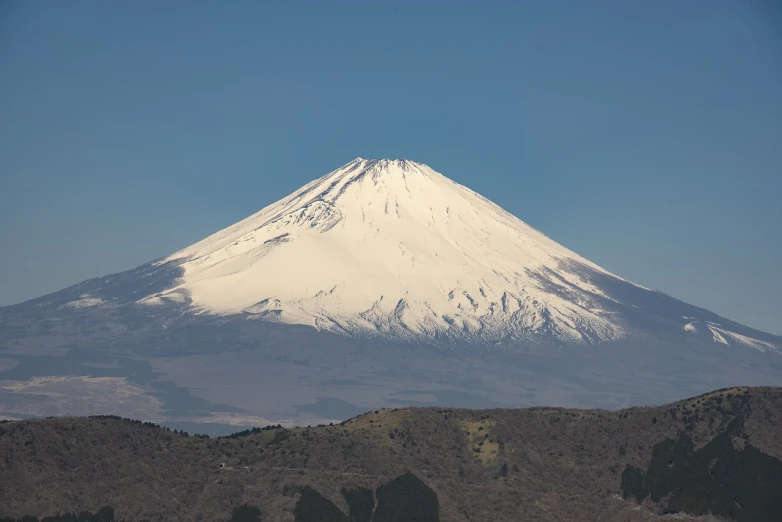 a large snow covered mountain in the distance, a picture, by Kōno Michisei, shutterstock, iso 500, found on a volcano, in a medium full shot, dome