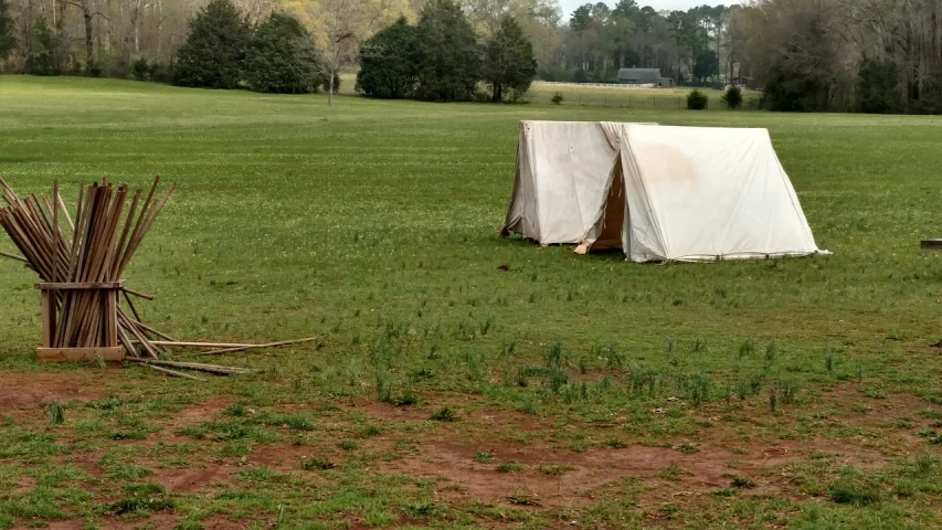 a tent sitting on top of a lush green field, by David Garner, renaissance, military camp in the background, mason, early spring, wesley kimler