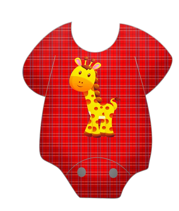 a baby bodysuit with a giraffe on it, a digital rendering, by Ingrida Kadaka, pixabay, dada, tartan vestments, red clothes, diecut, pregnancy