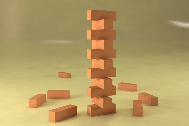 a pile of bricks sitting on top of a floor, by Artur Tarnowski, conceptual art, balance, animation, tall structures, wall corner
