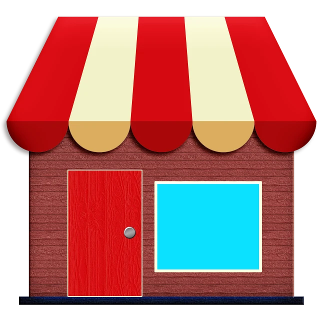 a small building with a red and white awning, a digital rendering, pixabay, on a flat color black background, shops, a wooden, a colorful
