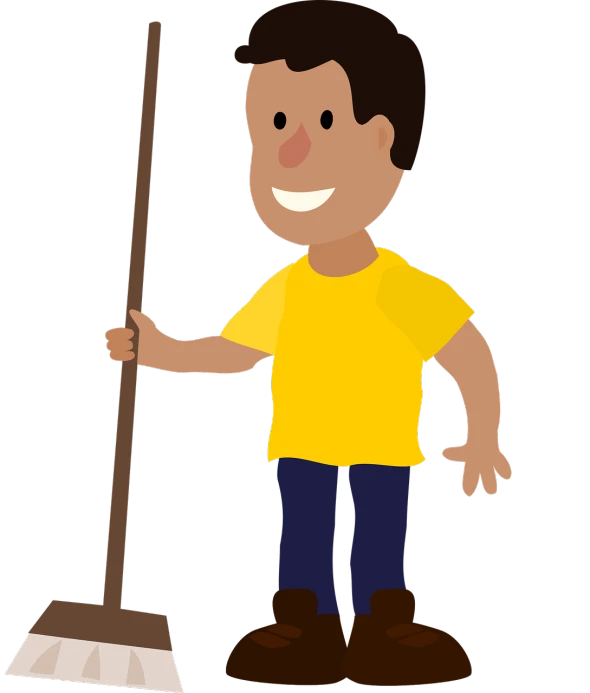 a man holding a broom in one hand and a broom in the other, a cartoon, inspired by Masamitsu Ōta, pixabay contest winner, naive art, toddler, standing with a black background, big shovel, hispanic
