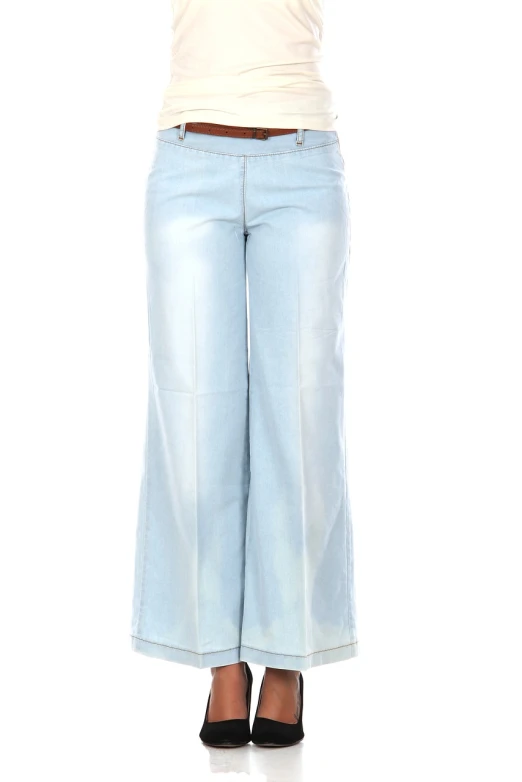 a woman in a white shirt and blue jeans, a digital rendering, by Edmond Aman-Jean, large pants, 1970s style, light blue, - h 1 0 2 4