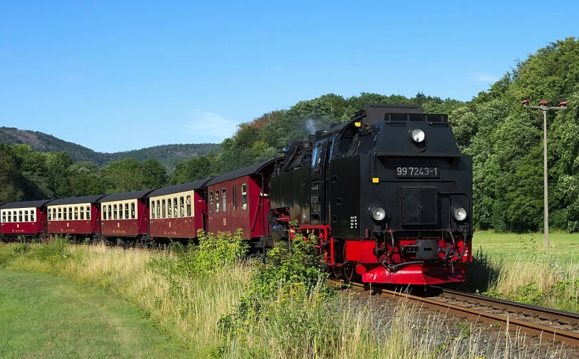 a black and red train traveling down train tracks, a picture, by Jörg Immendorff, shutterstock, hot summer day, historical setting, black forest, square