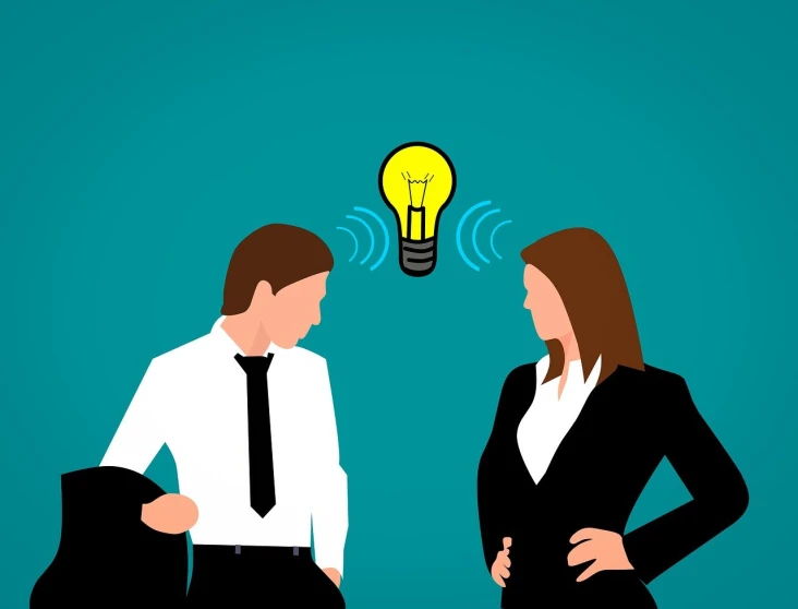 a man and a woman standing in front of a light bulb, trending on pixabay, conceptual art, in an call centre office, woman in business suit, tinnitus, interview