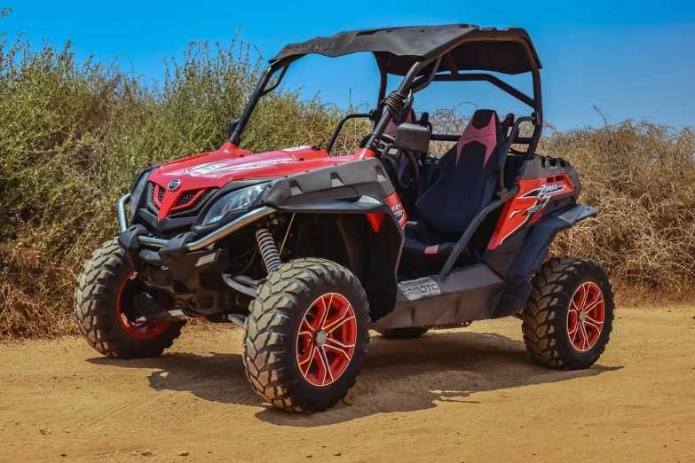 a red and black buggy parked on a dirt road, shutterstock, cobra, highly detaild 4k, studio shot, fully armoured, rosen zulu