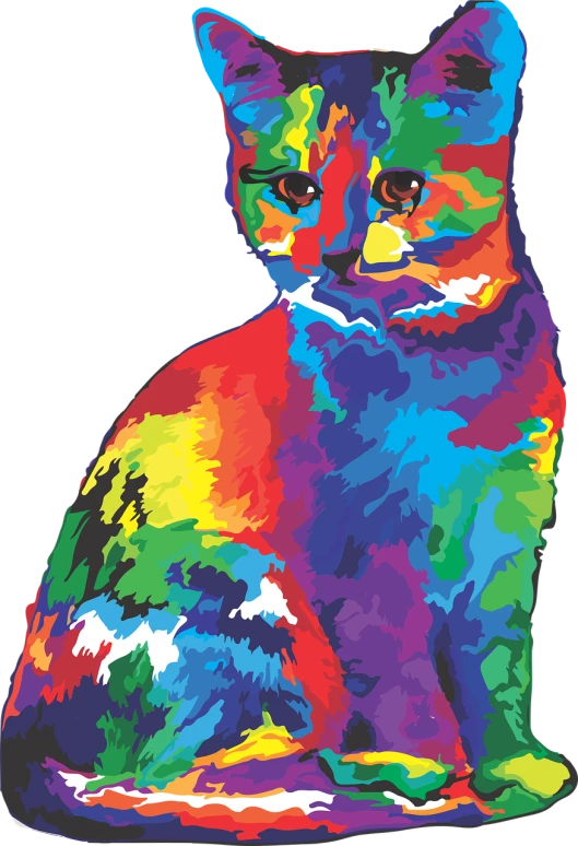 a colorful cat sitting in front of a black background, vector art, neo-fauvism, lgbt art, an arcylic art, painted with colour on white, american velvet painting