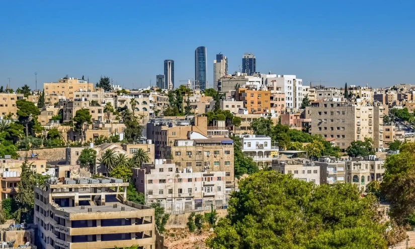 a view of a city from the top of a hill, a stock photo, by Edward Ben Avram, shutterstock, dau-al-set, empty buildings with vegetation, manara, vibrant contrast, at midday