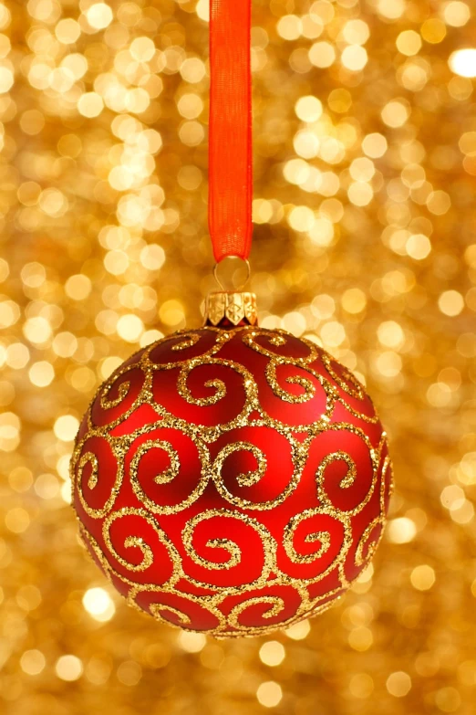 a red ornament hanging from a red ribbon, shutterstock, fine art, golden heavenly lights, embellished sequined, a super-smart, ball