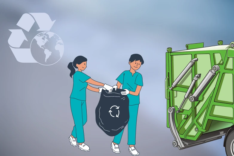 a couple of people standing next to a garbage truck, an illustration of, by Matija Jama, shutterstock, plasticien, surgical gown and scrubs on, -step 50, environment, portrait n - 9