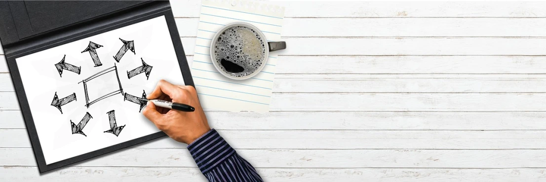 a person writing on a piece of paper next to a cup of coffee, a digital rendering, cool marketing photo, background image, black, maintenance photo