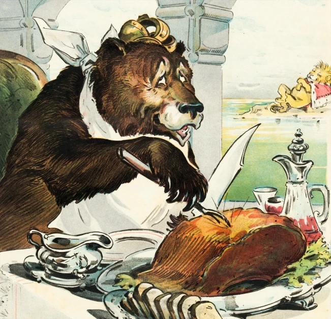 a bear that is sitting in front of a turkey, a storybook illustration, by Boris Kustodiev, art nouveau, fine dining, right side composition, john tenniel, ap photo