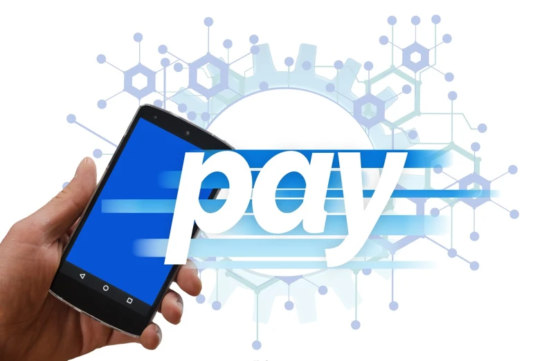 a person holding a smart phone with the word pay on it, pixabay, art nouveau, ripple, papyrus, 2 1 st century, network