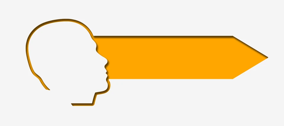 a yellow arrow pointing to a man's head, vector art, trending on pixabay, digital art, orange and white color scheme, website banner, layered paper style, a woman's profile