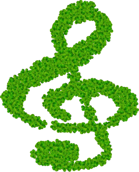 a treble made out of shamrock leaves, a digital rendering, generative art, piano guitar music notes key, spiralling bushes, bio chemical illustration, amusing