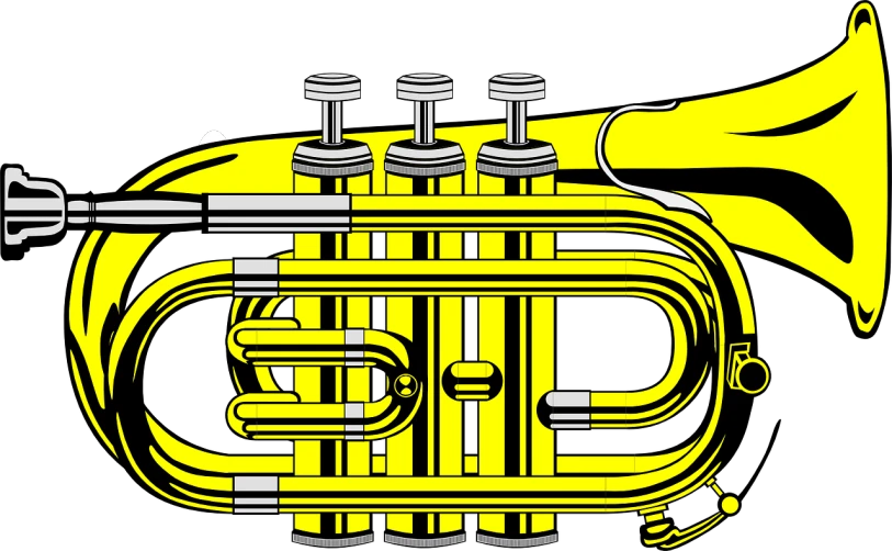 a yellow trumpet on a black background, an illustration of, by David B. Mattingly, shutterstock, pop art, with big chrome tubes, vector line art, side view close up of a gaunt, eloy band