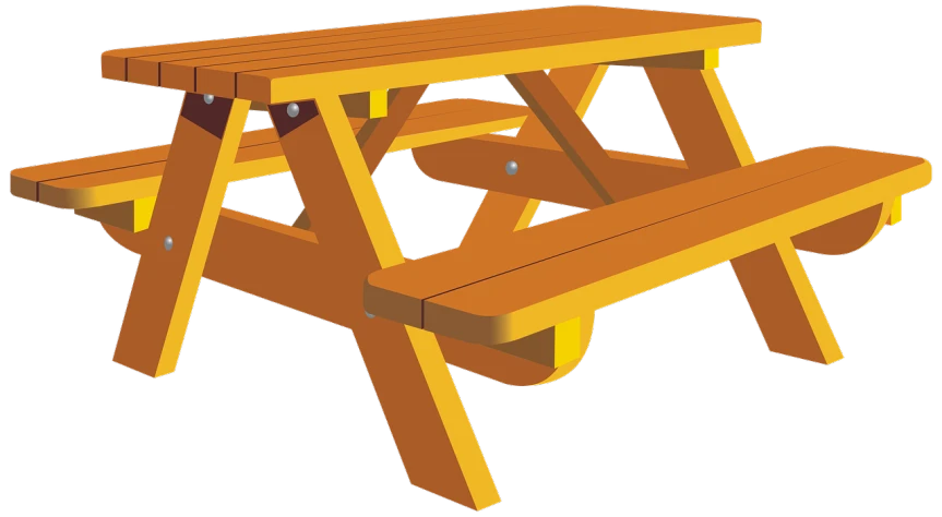 a wooden picnic table with two benches, a digital rendering, by Andrei Kolkoutine, pixabay, conceptual art, orange, detailed vector, wooden structures, bee