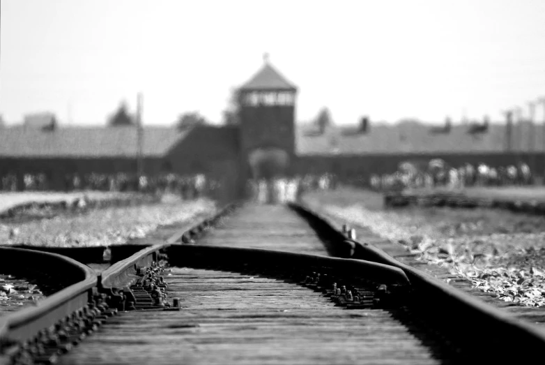 a black and white photo of a train track, by Armin Hansen, flickr, auschwitz camp, background blurred, sacrifice, gateway