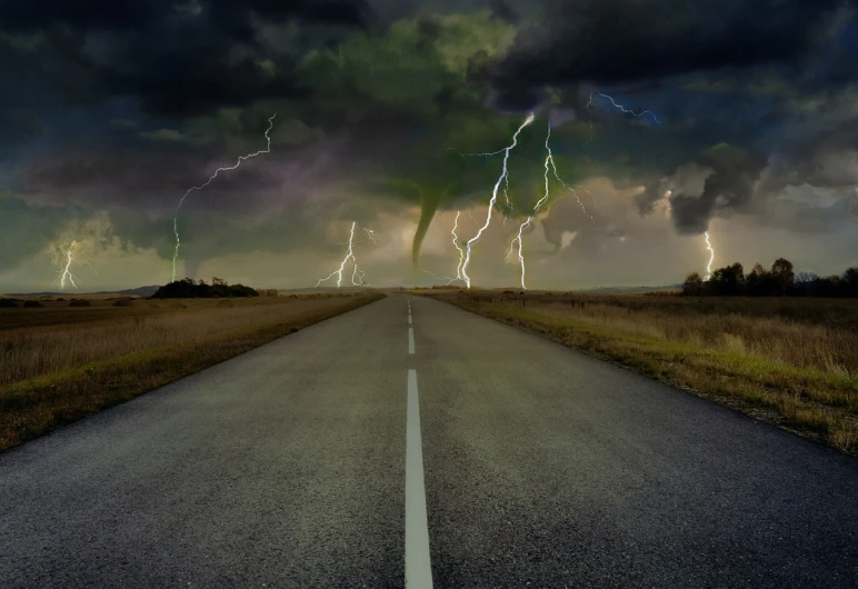 a road in the middle of a field with lightning in the sky, a picture, shutterstock, surrealism, tornado twister, mobile wallpaper, motivational, runway