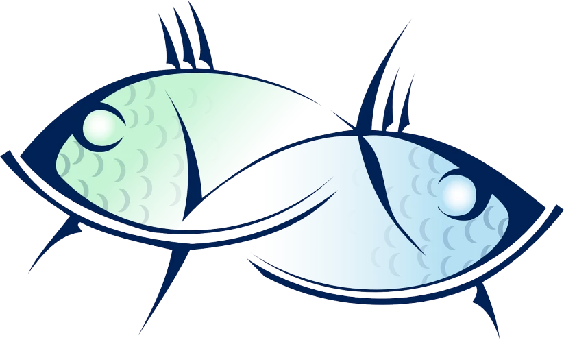 a couple of fish standing next to each other, an illustration of, inspired by Masamitsu Ōta, pixabay, clean and simple design, two eyes half closed, rays, blueish