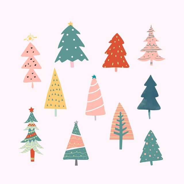 a collection of christmas trees on a white background, a pastel, folk art, designed for cozy aesthetics!, stylised flat colors, olivia, lovely and cute