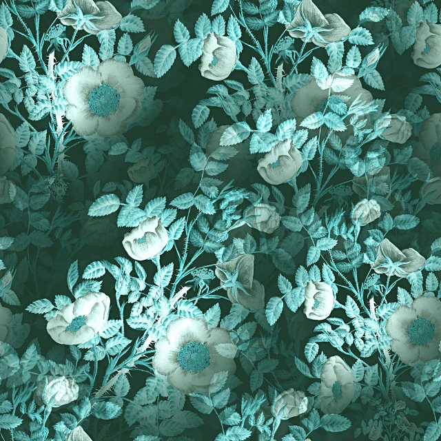 a close up of a bunch of flowers, a digital rendering, inspired by Daniel Merriam, baroque, monochromatic teal, repeating fabric pattern, bushes and leafs, melanchonic rose soft light