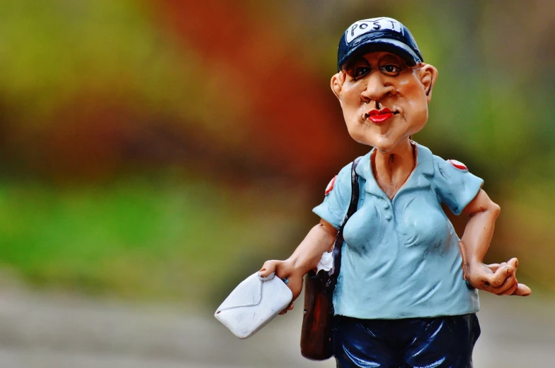 a figurine of a police officer holding a cell phone, by Tom Carapic, flickr, bags under his eyes, delivering mail, woman model, ((oversaturated))