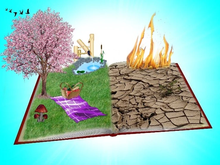an open book sitting on top of a grass covered field, by Ren Renfa, pixabay, conceptual art, fire pit, seasons!! : 🌸 ☀ 🍂 ❄, 3d collage, clay animation