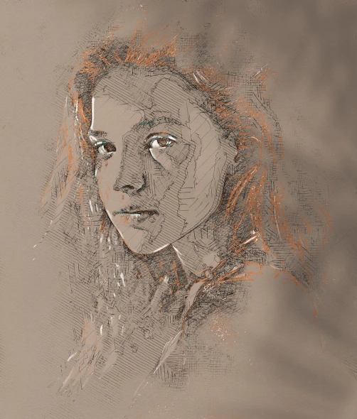a drawing of a woman with orange hair, by Adam Marczyński, digital art, alexi zaitsev, portrait of arya stark, crosshatch sketch gradient, mixed media on toned paper