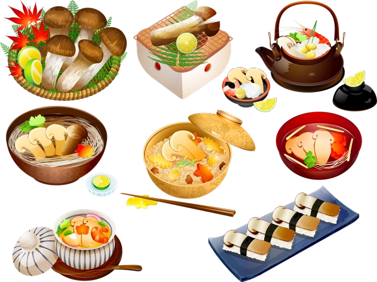 a bunch of different types of food on a table, concept art, by Nishida Shun'ei, trending on pixabay, mingei, game icon asset, abalone, bamboo, black