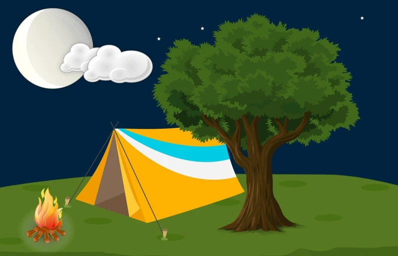 a tent next to a campfire under a full moon, an illustration of, by Adam Manyoki, shutterstock, naive art, the tree is growing on a meadow, high detail illustration, flat illustration, volley court background