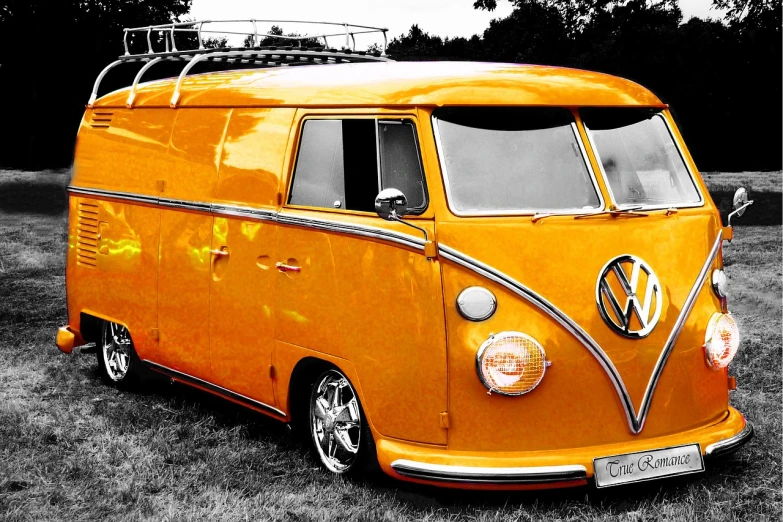 an orange vw bus parked in a field, trending on pixabay, retrofuturism, selective color effect, yellow and black color scheme, chrome body, posterized color