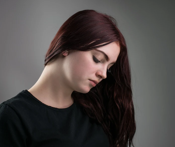 a close up of a person with a cell phone, by artist, hyperrealism, long dark red hair, portrait of depressed teen, on a young beautiful woman neck, studio portrait photo