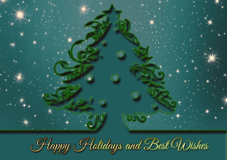 a christmas tree with the words happy holidays and best wishes, inspired by Cindy Wright, art deco, award-winnig photo, ornate dark green clothing, award winning animation, closeup photo