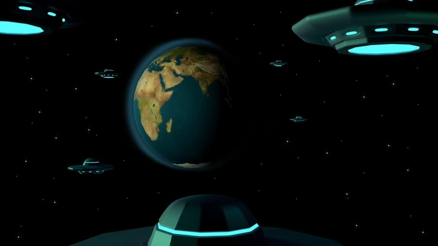 a group of spaceships flying over a planet, flat earth, life simulator game screenshot, invasion time on planet earth, flying saucers