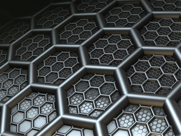a bunch of metal hexagons sitting on top of each other, a microscopic photo, digital art, chrome and carbon, high detail photo