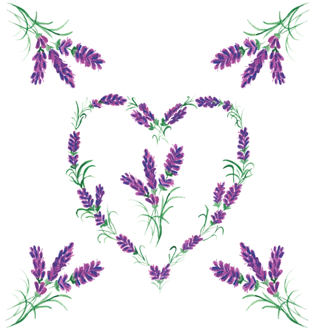 a heart made out of purple flowers on a black background, a digital rendering, inspired by McKendree Long, art deco, in a lavender field in france, patch design, thistle, symmetry illustration