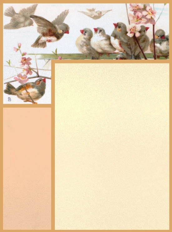 a group of birds sitting on top of a tree, a pastel, inspired by Katsushika Ōi, flickr, card back template, chicken, beige color scheme, 1128x191 resolution